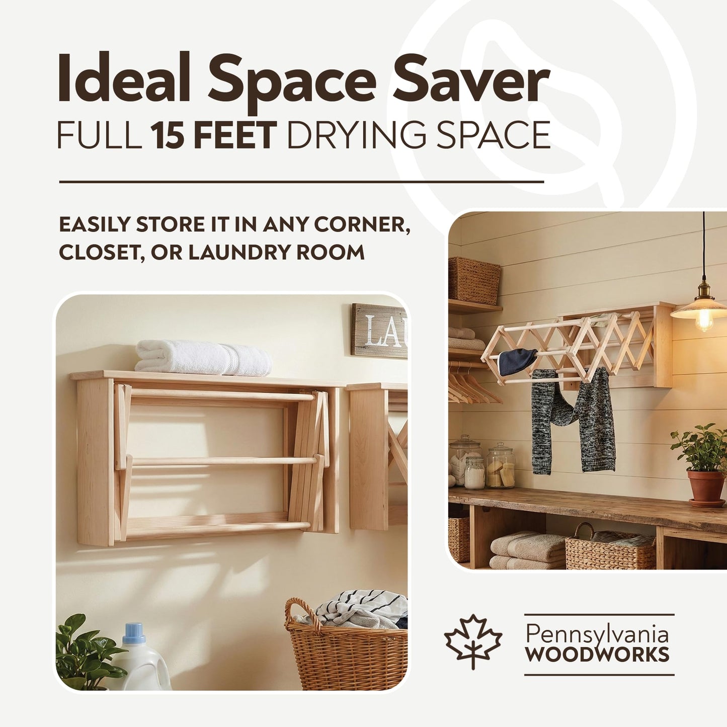 Pennsylvania Woodworks Extra Large Wall Clothes Drying Rack ~ Heavy Duty Solid Maple Hardwood, Folding, Collapses to 35" x 20" x 8", Hand Built in USA, Unfinished