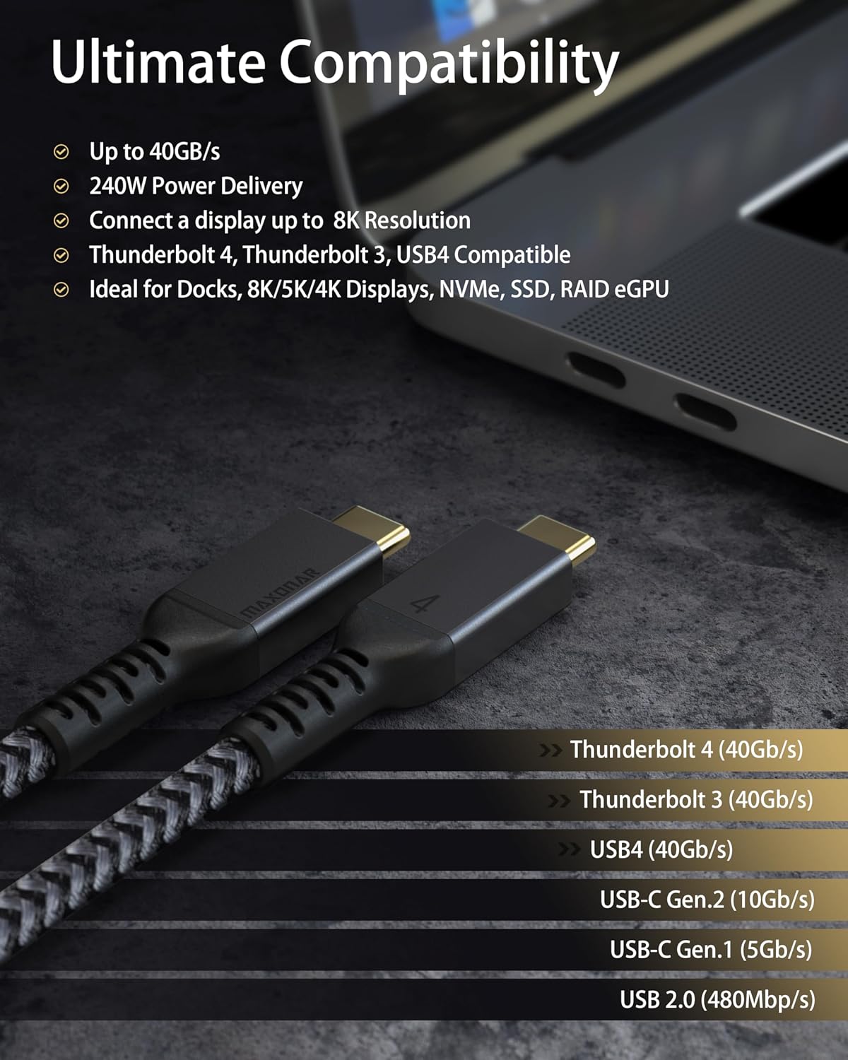 10FT 4 40Gbps 240W 8K/5K 2026 Maxonar Long Thunderbolt Cable, Sync, Charging, Display, All-in-One Cable Replaces