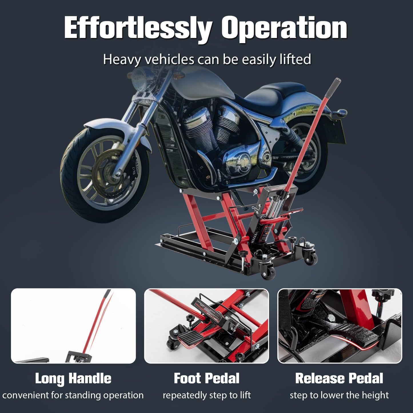 Hydraulic Motorcycle Lift Jack 1500 LBS Capacity, Foot-Operated Motorcycle Scissor Lift Table, 4.5"-15" Adjustable Height, Portable ATV Lift Jack with Wheels & Safety Lock, Red
