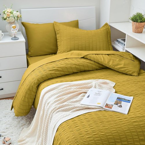 HYMOKEGE Twin XL Comforter Set - Mustard Yellow Seersucker 5-Piece Luxury Bedding Set