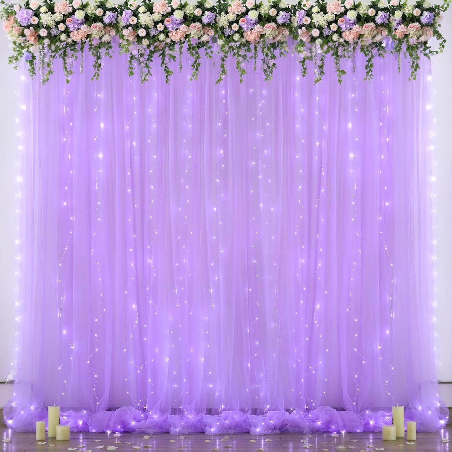 Suppromo 208ft Decorations(4 58ft) Lavender Tulle Backdrop Curtain with Lights String for Wedding Baby Shower Lavender