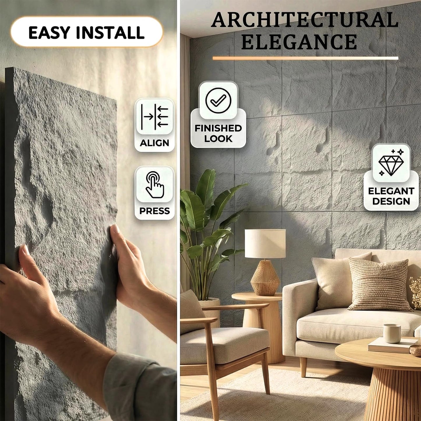 3D Faux Stone Wall Panels, 1.18" wall Panels for Interior wall Decor, 4 PCS PU Wainscoting Panel， Cement Texture， Thicker Accent， for Living Room, Office, 47.2" x 23.6" (Light Gray)