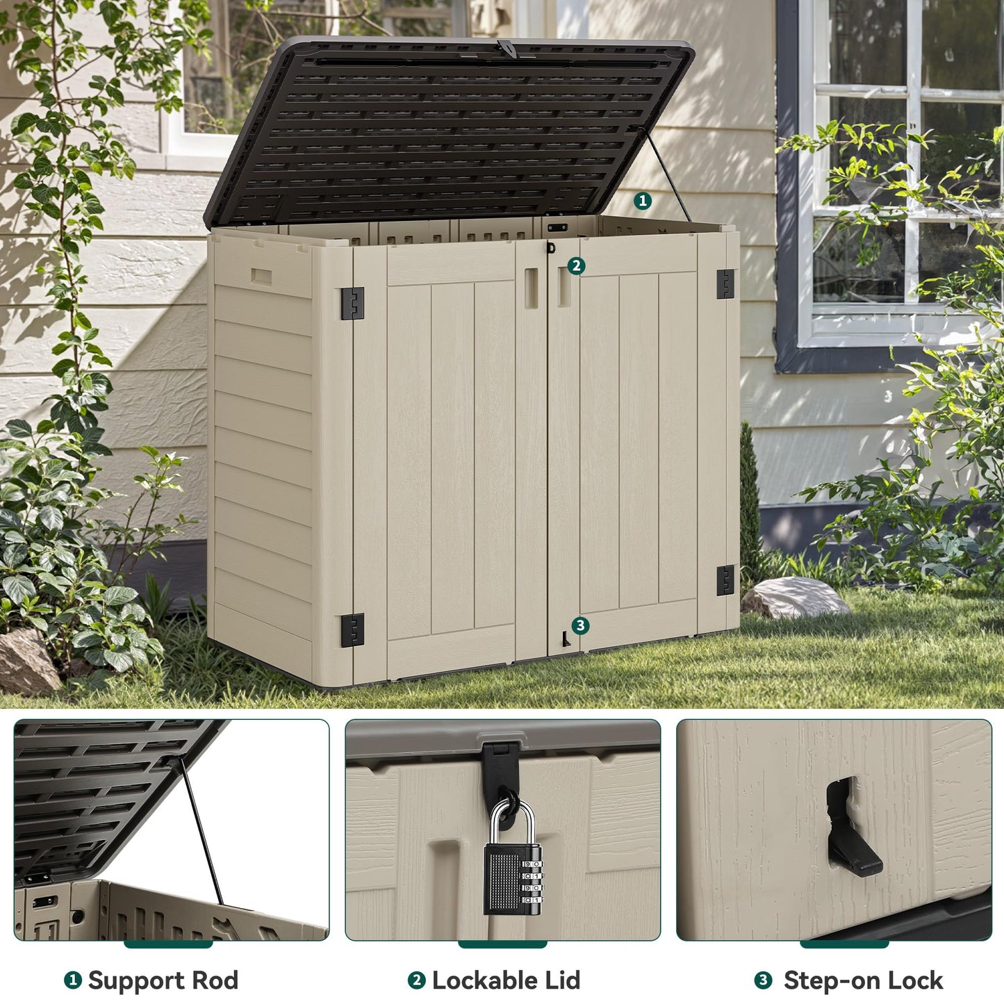 YITAHOME 30 cuft Outdoor Storage Shed w/o Shelf, Horizontal Storage Cabinet for Garden Tool, Waterproof Storage Shed Plastic for Garage, Resin Pool Storage, Easy to Assemble, Khaki & Brown
