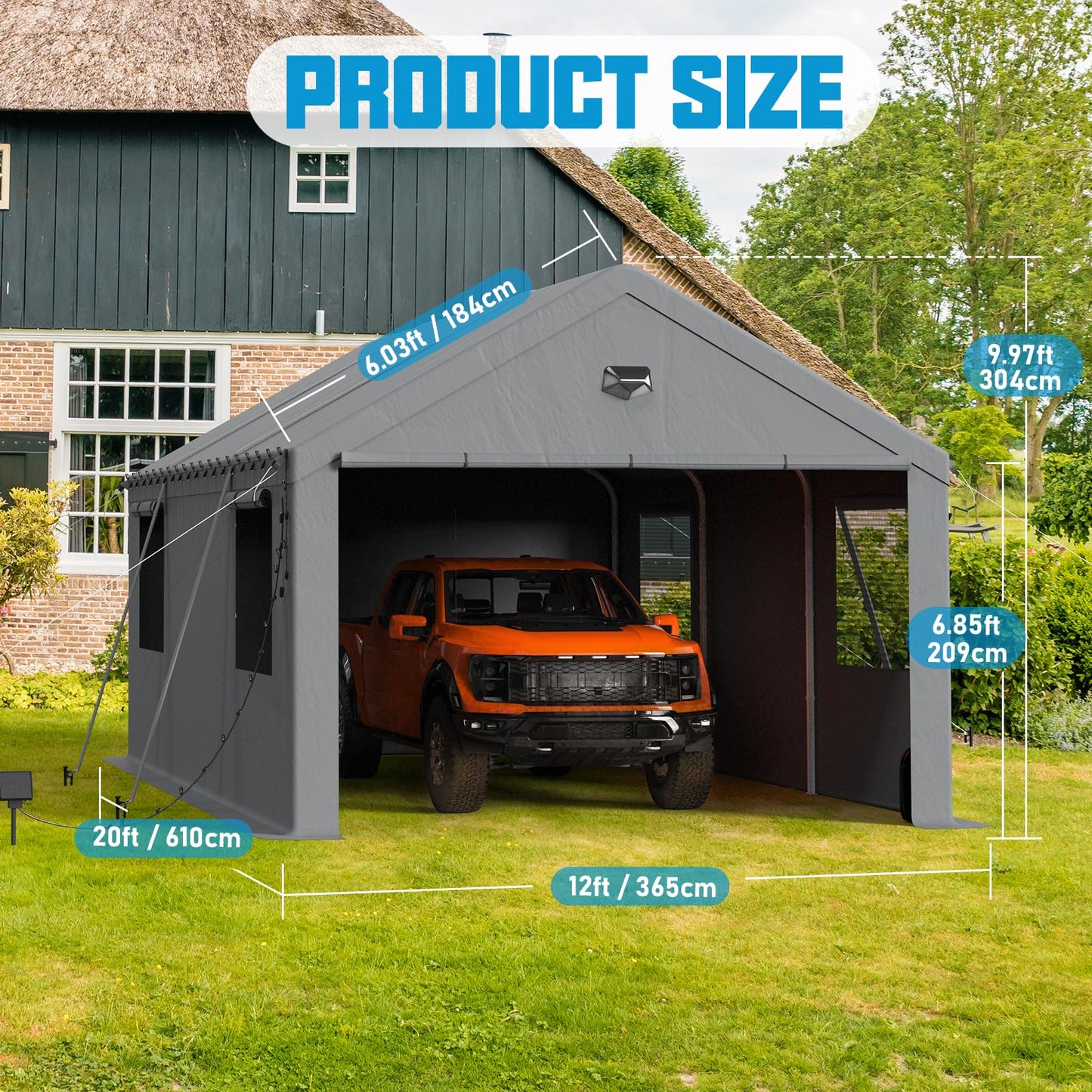 Benass 12x20 FT Heavy Duty Carport Canopy, Drive-Through Portable Garage with Roll-up Doors, Screened Windows, Removable Sidewalls, All-Weather Waterproof Shelter for SUV, Boat & Outdoor Storage