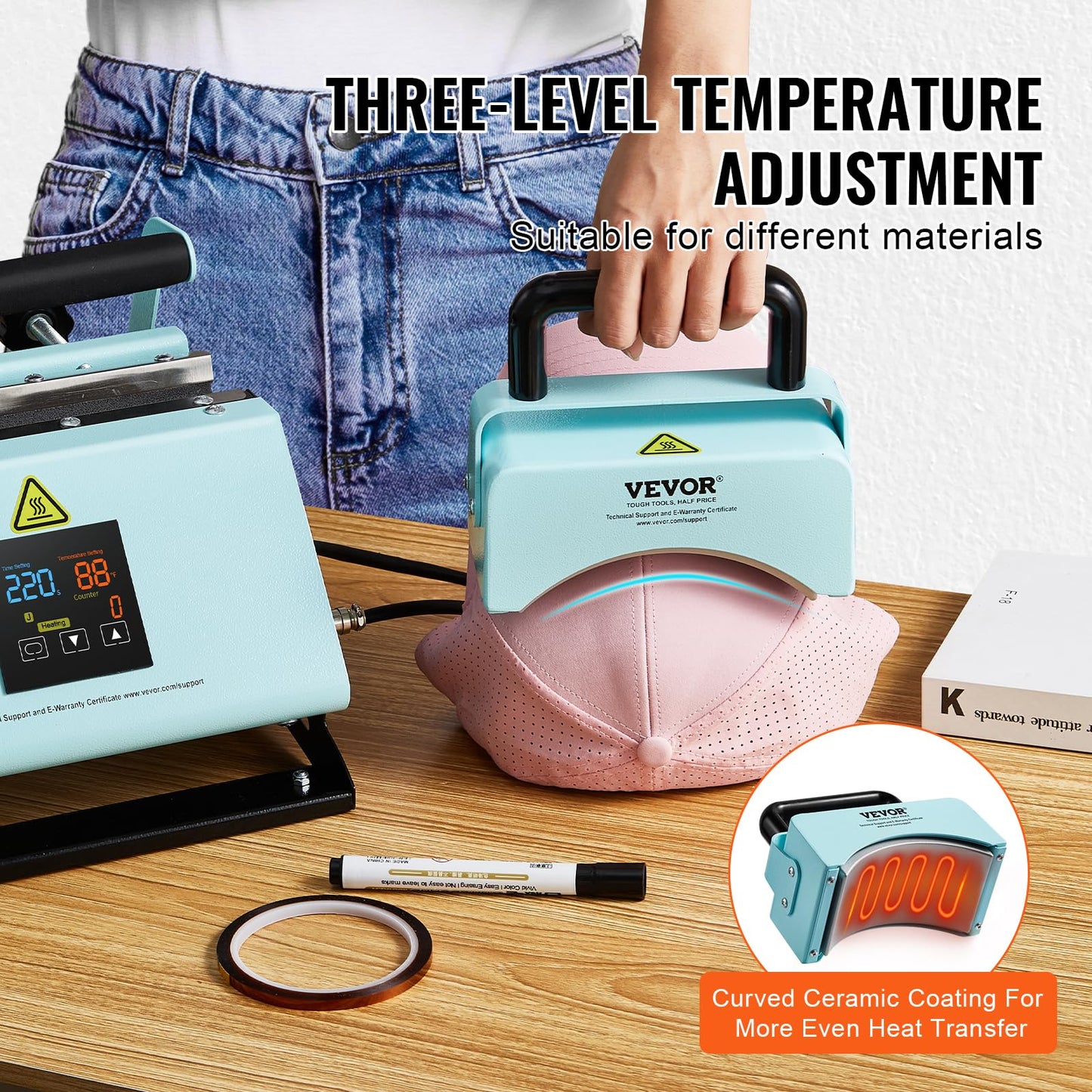 VEVOR 2 in 1 Tumbler and Hat Heat Press Machine, Mini Press for Caps, 11-30oz Sublimation Mugs, Temperature and Time Control, Green