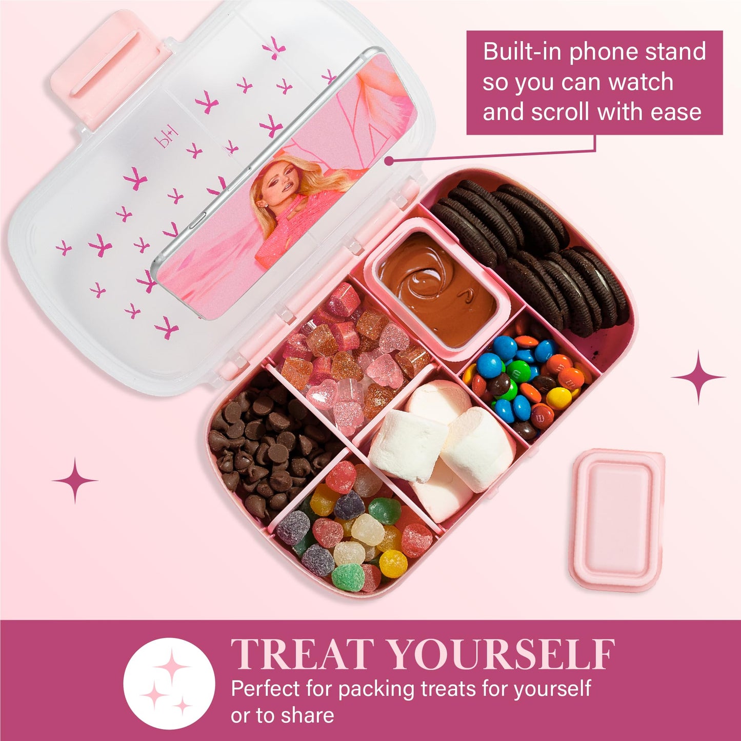 Paris Hilton 2-Pack Bento Style Snack Boxes, 7-Compartment Lunch Containers with Built-In Phone Stand, Removable Dividers and Dip Containers, Pink Bow Print
