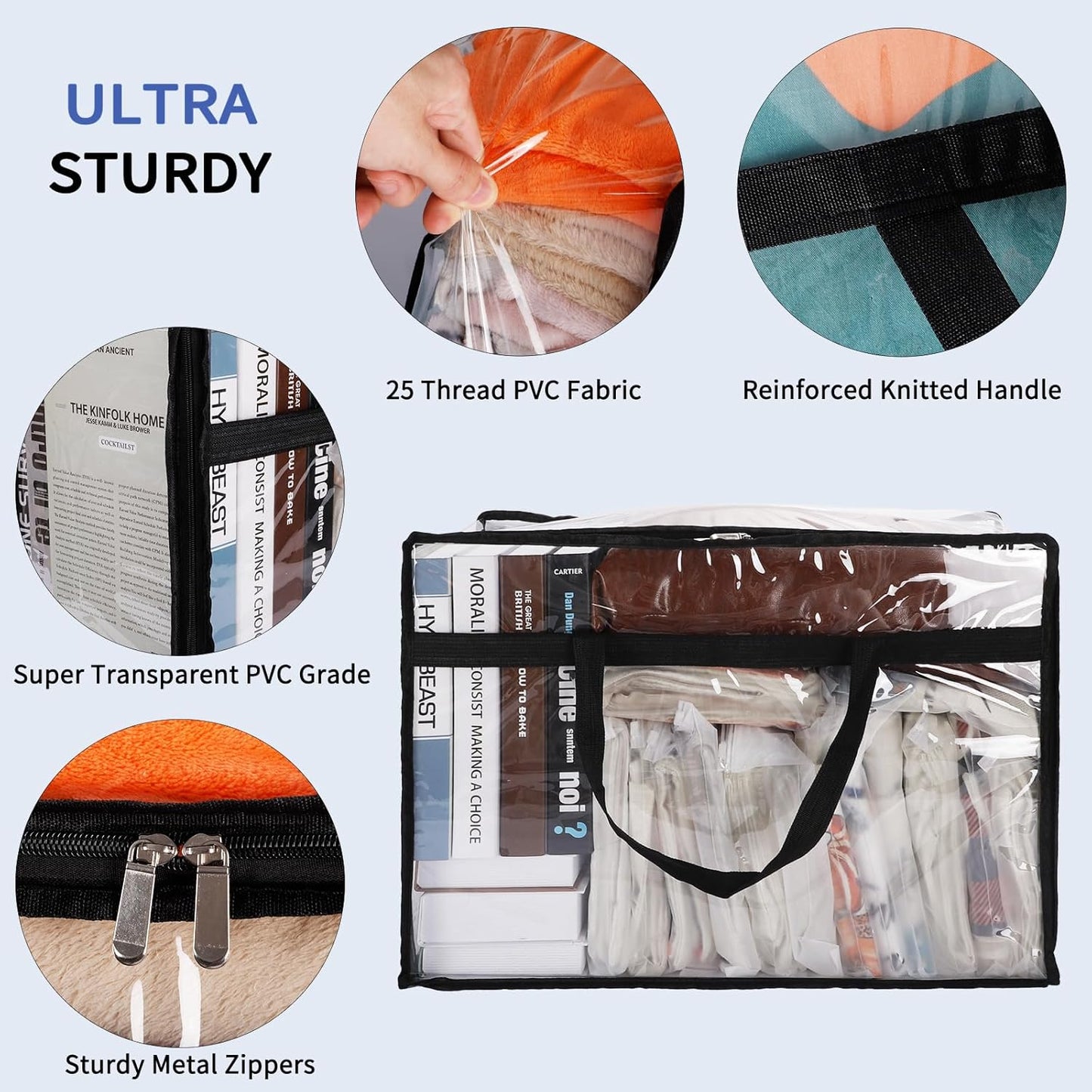 SGHUO Extra Large Blanket Storage Bags - 60L Clear Vinyl Zipper Bags for Clothes & Bedding (4-Pack)