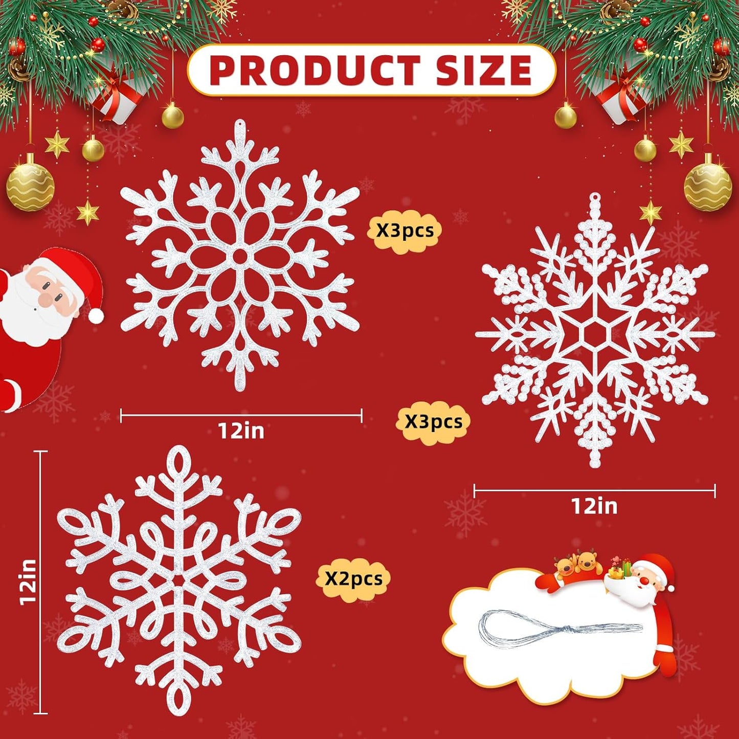 Skiennix 8Pcs Large White Snowflake Ornaments - 12'' Plastic Hanging Decorations for Christmas & Winter Decor