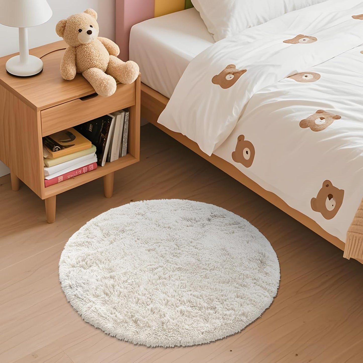 OLANLY Ivory Round Area Rug - Soft, Fluffy & Machine Washable 2 ft Circle Carpet for Bedroom & Nursery Decor