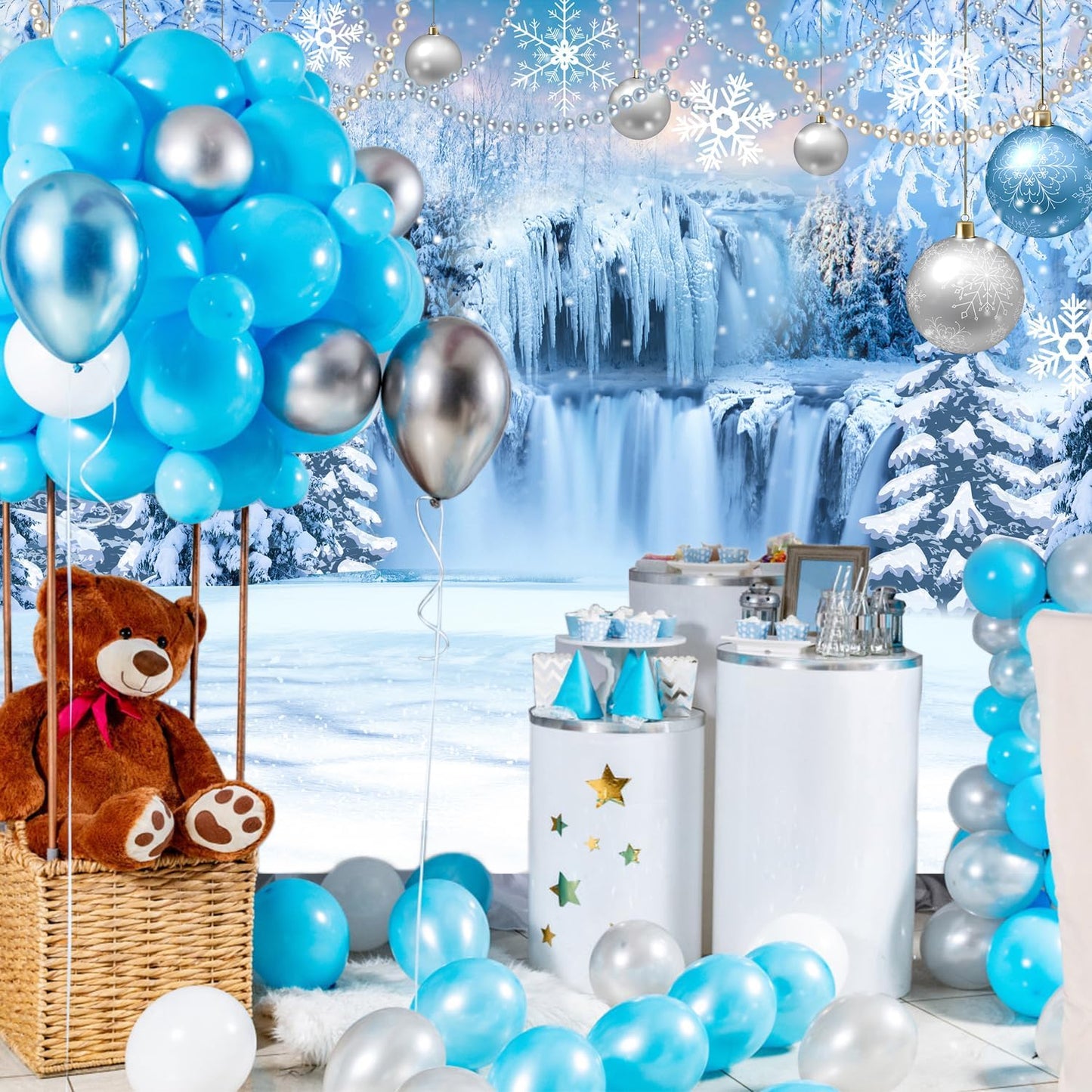 DUAIAI Frozen Winter Christmas Backdrop, Birthday Party Decorations Crystal Pendant Ice and Snow White World Wonderland