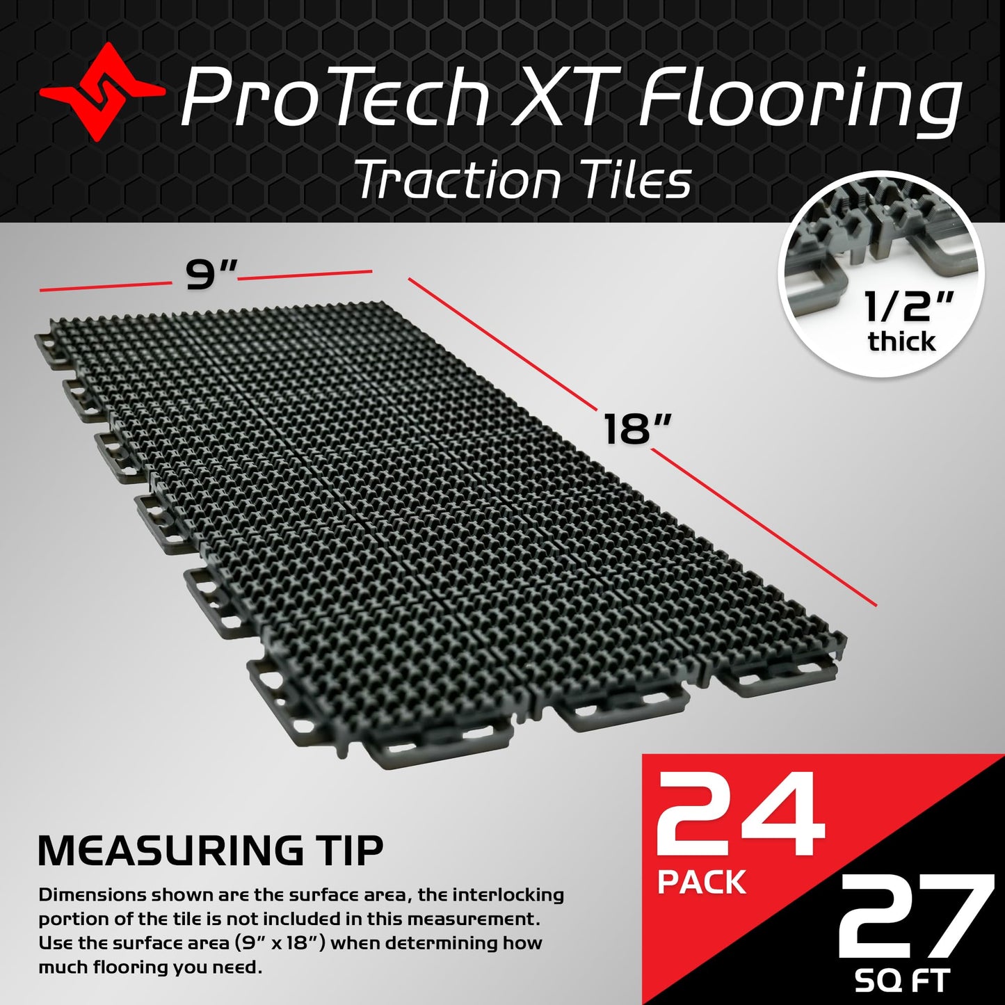 Caliber ProTech XT Garage Flooring, Trailer Flooring, Interlocking Traction Tiles, 9” x 18”, Grey, 24-Pack