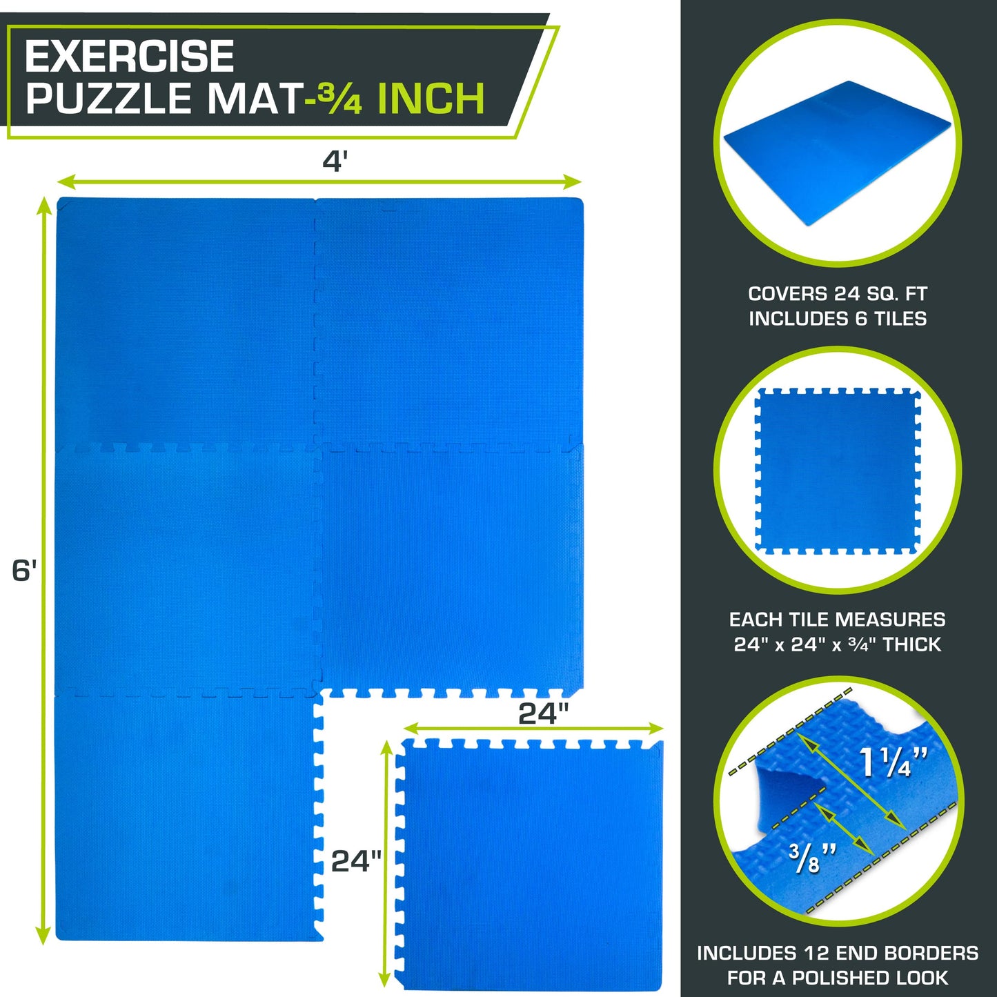 ProsourceFit Weaved Pattern Extra Thick Exercise Puzzle Mat ¾-inch, EVA Foam Interlocking Tiles for Protective, Cushioned Flooring for Home and Gym Equipment; Blue, 24 SQ FT, 6 Tiles