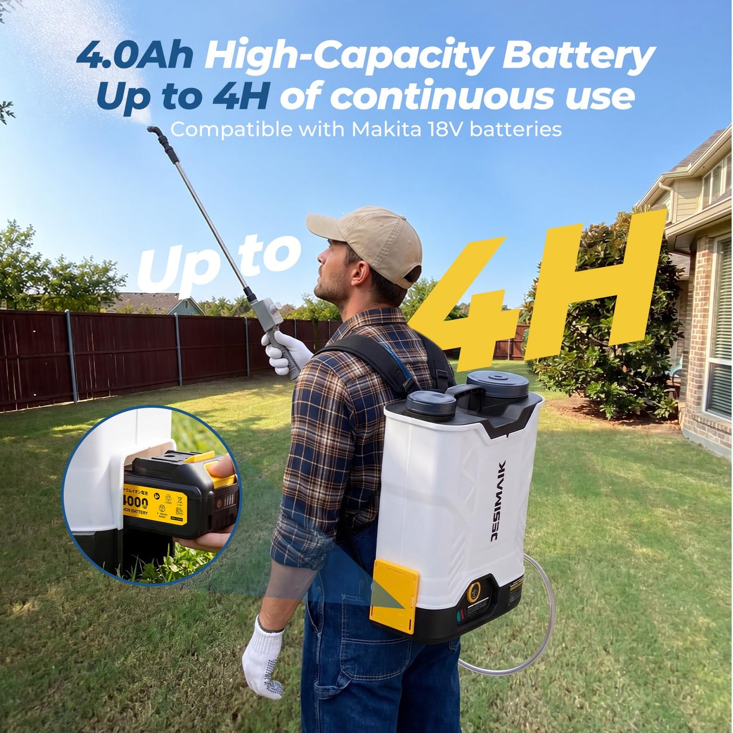JESIMAIK Battery Powered Backpack Sprayer 4.8 Gallon, 4.0Ah Battery Electric Backpack Sprayer with Agitator, Telescopic Wand & 5 Nozzles, 120 PSI Adjustable Pressure for Weed Lawn Garden Pest Control