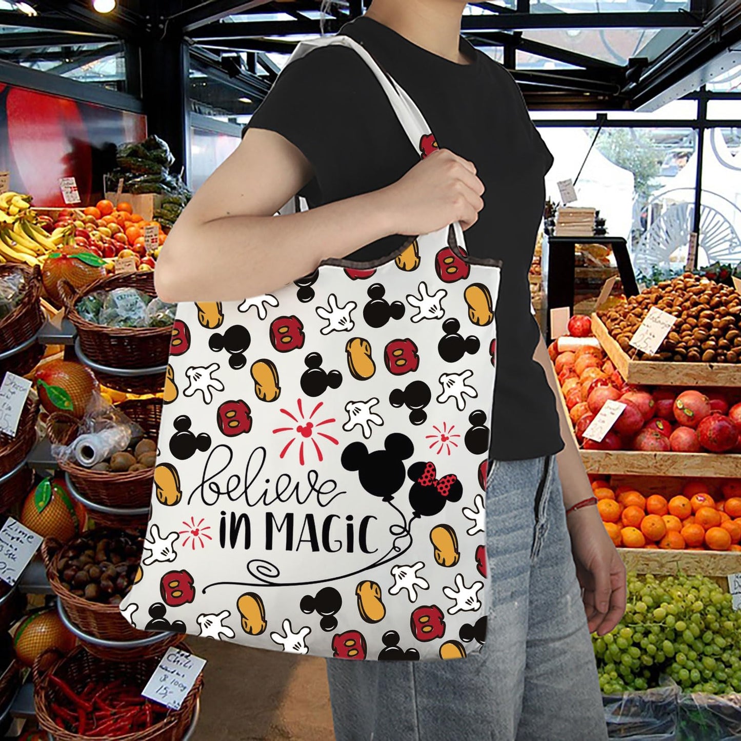 CMNIM Cartoon Mouse Foldable Tote Bag Cartoon Inspired Gift for Women Fans Friends Mouse Lover Gifts I Believe in Magic Bag (25621 i believe in F)