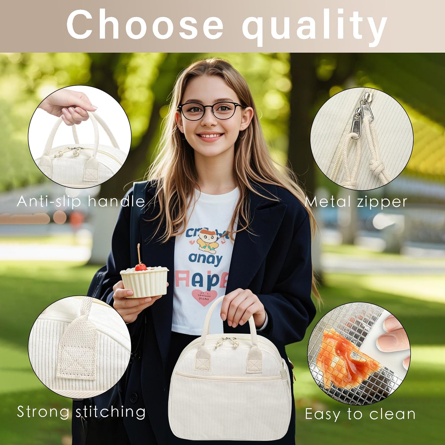 Carry bloom Lunch Box for Women, Insulated Lunch Bag Cute Corduroy Lunchbag Reusable Lunchbox for Work (bb pink corduroy)