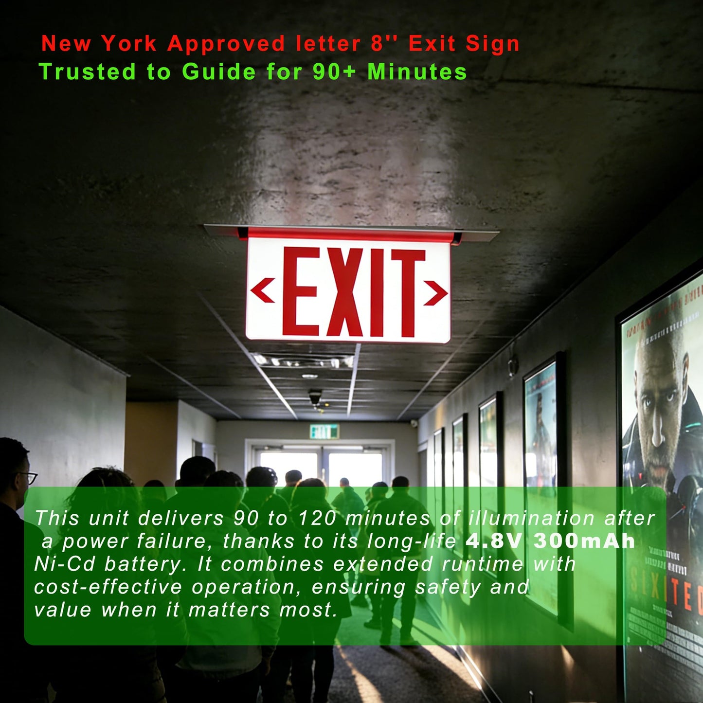 Garrini New York Approved Letter 8" Exit Sign Emergency Light Recessed Housing Single and Double Face Optional, Replaceable Acrylic Panel, UL Certified GRMSEL-200