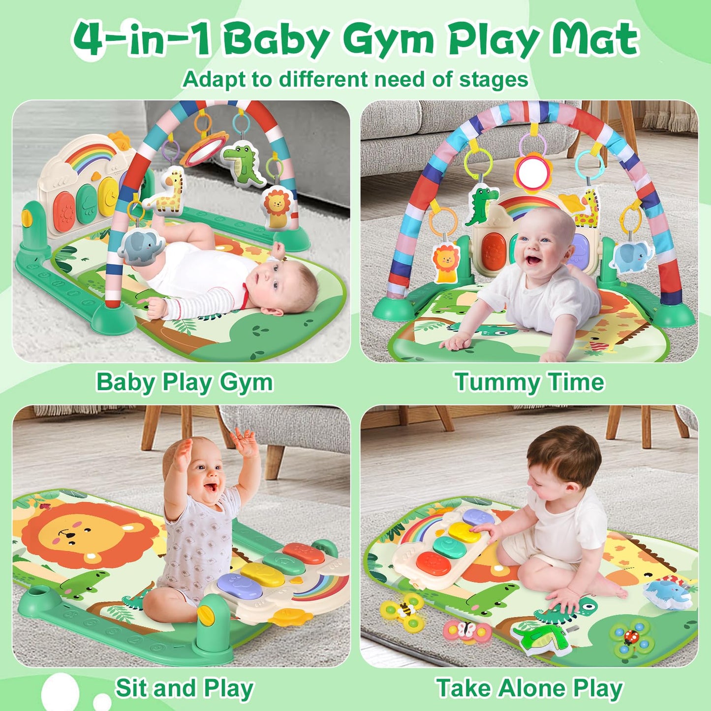 Joryuek Baby Gym & Play Mat, Tummy Time & Activity Mat Toys, Infant to Toddler Play Piano Mat, 0-12 Months (Green)