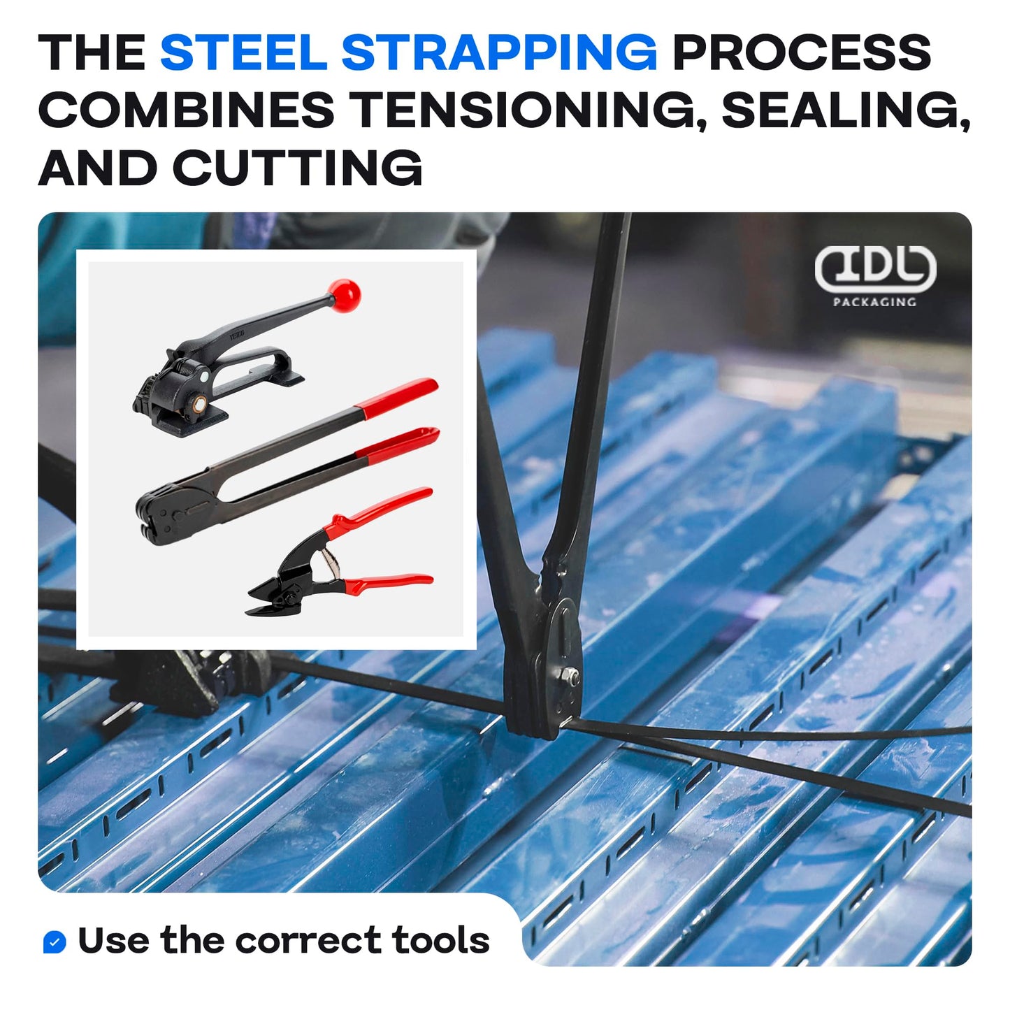 IDL Packaging - B.SSK.34.200 Portable 3/4" x 200' Steel Strapping Kit, 1700 lbs Break Strength – Full Packaging Strapping Solution – Standard Banding Kit