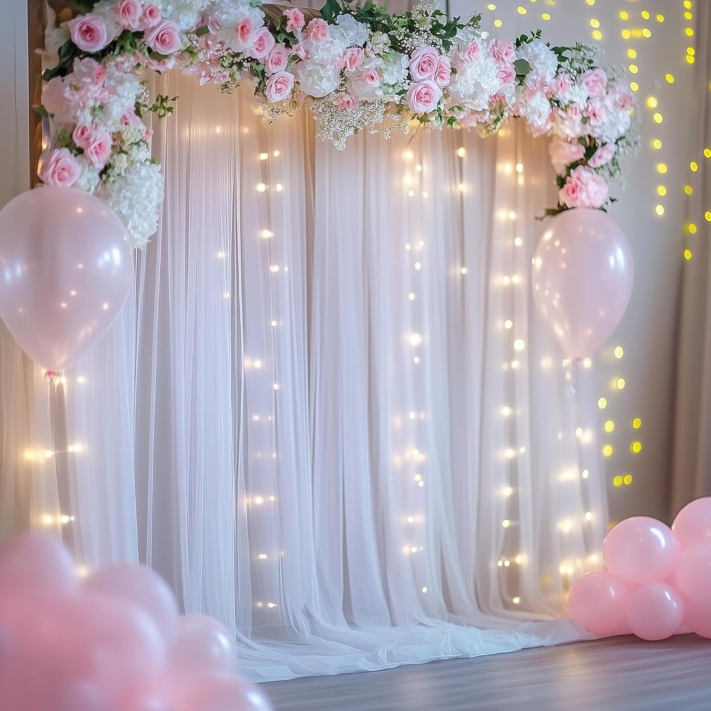 10FT 10FT (2 5x10FT) Tulle Backdrop Curtain with Lights String X White Sheer Tulle Backdrop Curtains for Wedding
