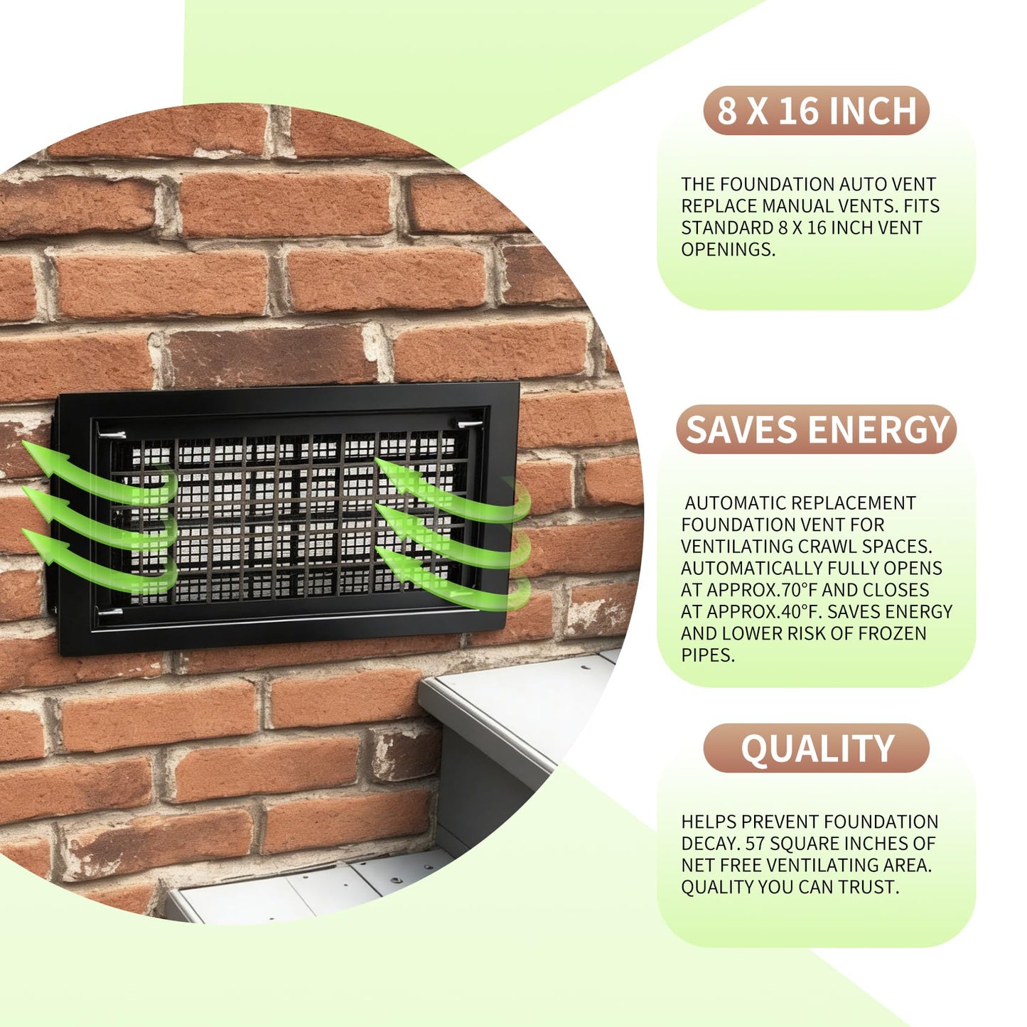 10 Pack 8" x 16" Automatic Foundation Vent for Ventilating Crawl Space Replacement Auto Air Vent, Black
