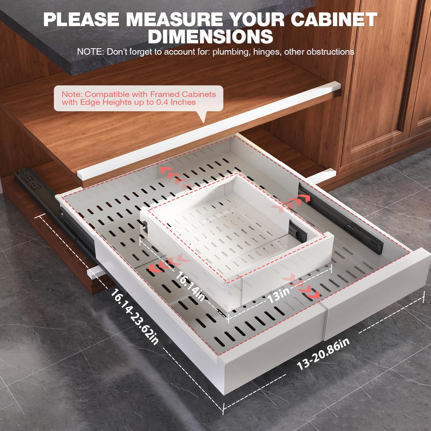 Seinloes 1 Pack Pull Out Cabinet Organizer Expandable Width(13"-21") and Depth(17"-24"), Slide Out Drawers With Raising Pad for Framed Cabinets, No Drill Roll Out Shelves for kitchen, Bathroom, White