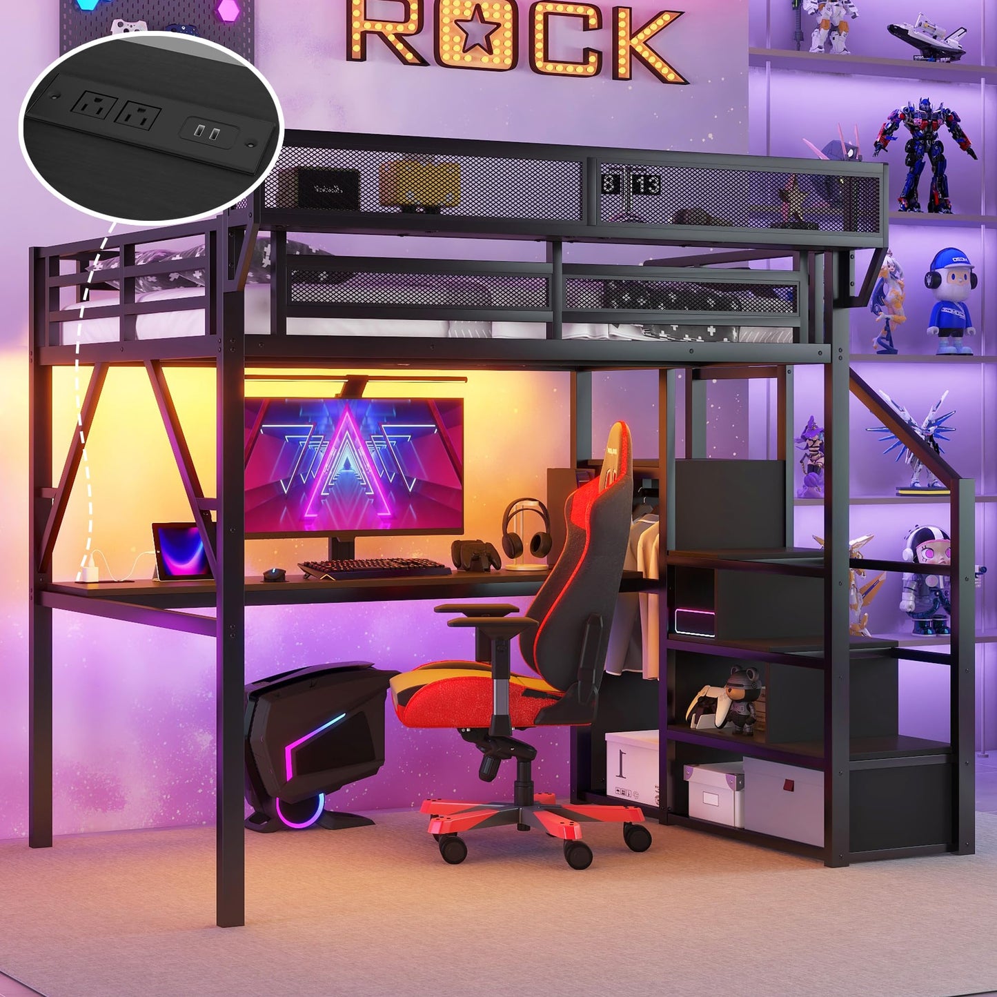 KEIKI Full Size Metal Loft Bed Frame with Desk, Staircase, Built-in Storage Shelves and Wardrobe, Modern Loft Bed with Solid Slats, Guardrail, No Box Spring Required, Easy Assembly, for Bedroom, Black
