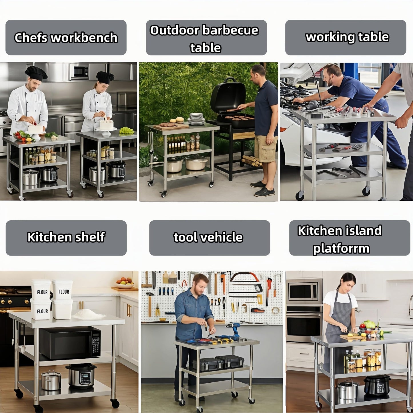 Stainless Steel Table with Wheels for Food Preparation and Work, Multi-Size Optional, Three-Layer Variable Two-Layer Metal Commercial Workbench Outdoor, Restaurant, Kitchen(36" Lx24 Wx35 H)
