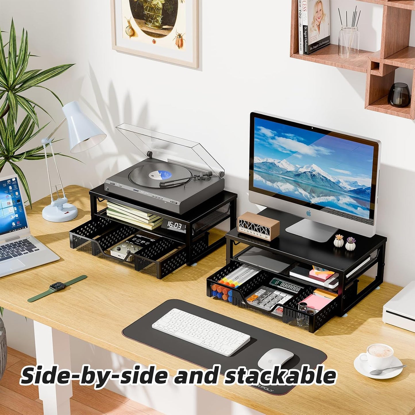 2-Tier Simple Trending Computer Monitor Stand Riser with Drawer, Desk Organizer for Home Office, Black