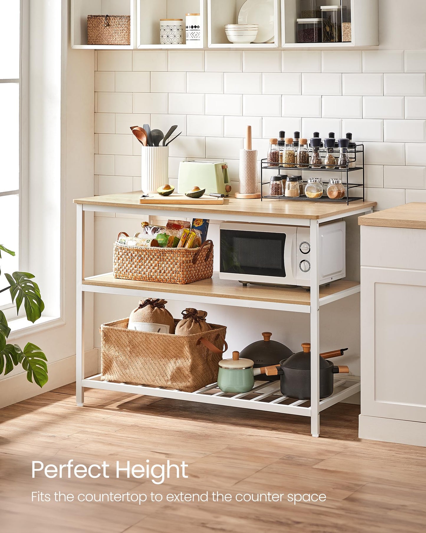 VASAGLE Kitchen Island with 3 Shelves, 47.2 Inches Width Kitchen Shelf with Large Worktop, Stable Steel Structure, Industrial, Easy to Assemble, Oak Color and White UKKI001W09