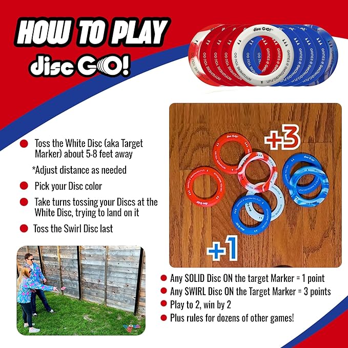 Disc GO! – Soft Silicone Frisbee Games for Teens, Sports & Outdoors Disc, Gifts for Teen Boys & Girls, Portable Indoor & Outdoor Games for Kids, Frisbees for Kids and Adults, Red, White and Blue