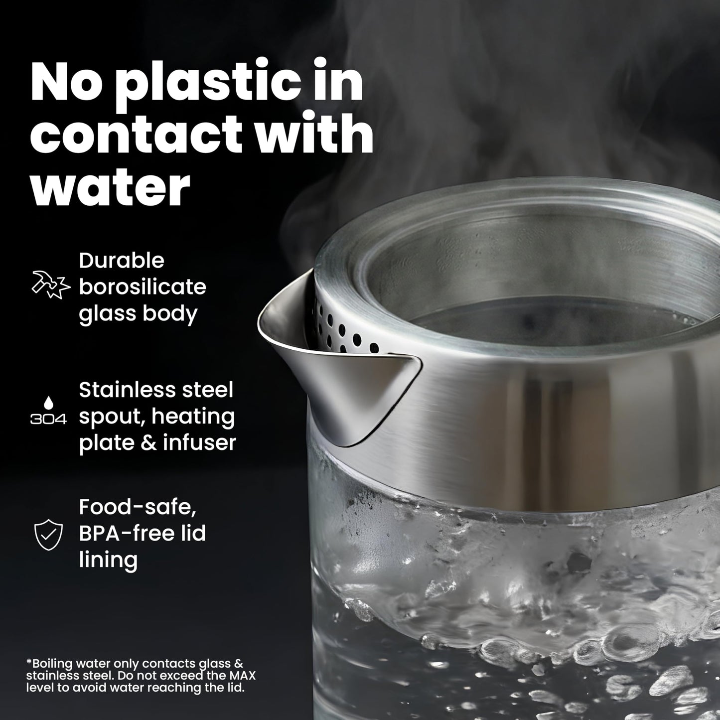 Viante Alba Electric Tea Kettle with Infuser, No Plastic In Contact With Water, 1.5L Borosilicate Glass, 304 Stainless Steel, 4 Temperature Presets, Keep Warm, Cordless, Auto Shut-Off