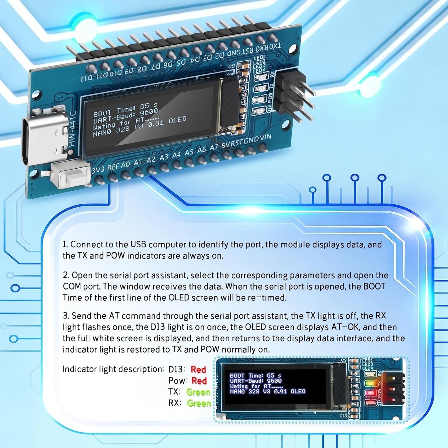 Meshnology 1Pcs V3.0 ATmega328P 0.91 inch 128 32 CH340C Nano Board with * Pixel OLED Display Chip Microcontroller