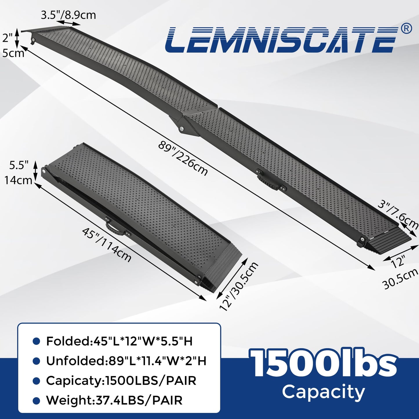 Aluminum Truck Ramps for ATV, UTV, Lawn Mower, Pickup Trucks - 1500LB Capacity 7.5FT Heavy Duty Loading Ramps with Handle & Buckle, Black, 2PCS