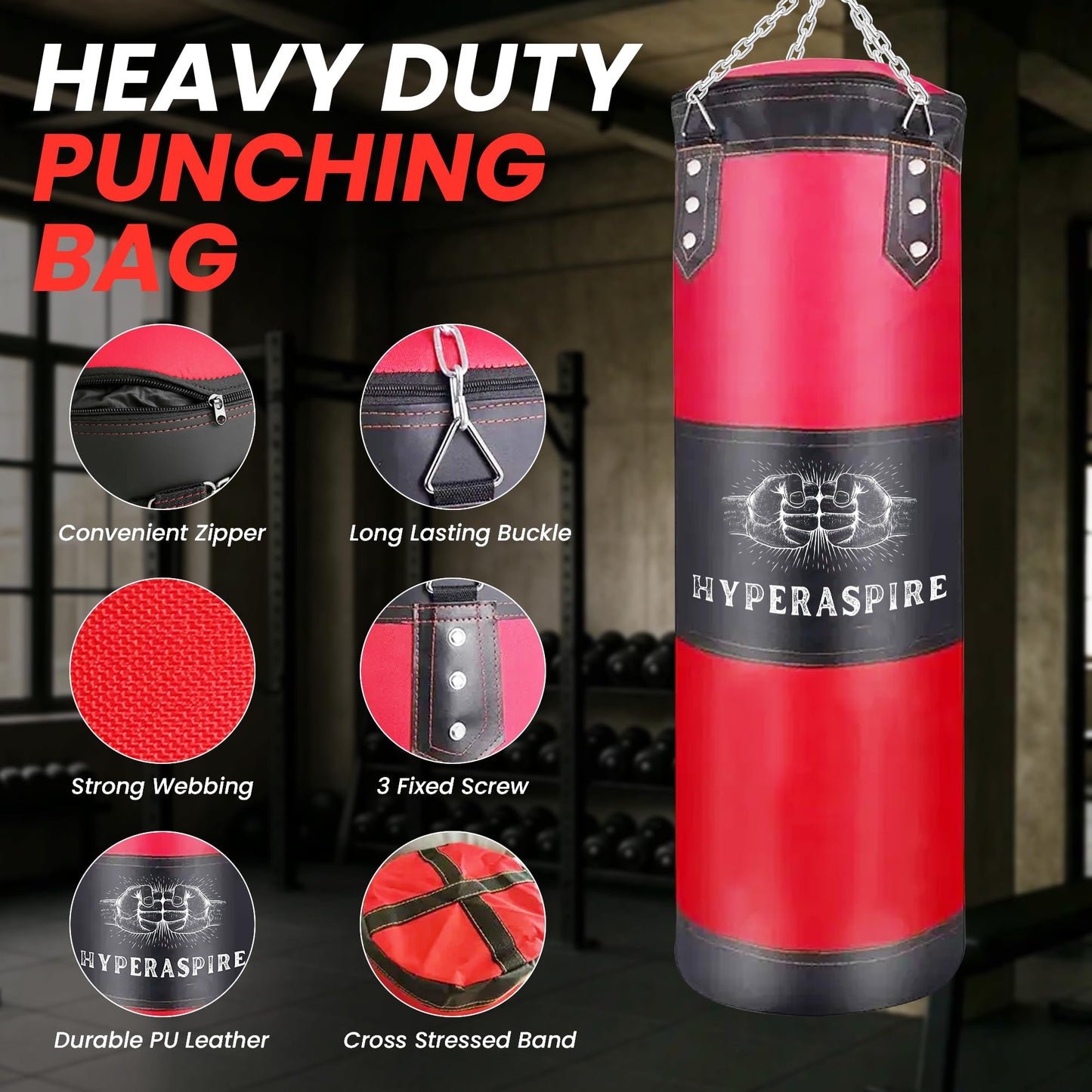 Punching Bag for Adults 4FT, Heavy Boxing Bag Set with MMA Hand Wraps & Hanging Chain,120cm PU Leather Unfilled Kicking Bag for MMA Karate Kickboxing Home Gym Training