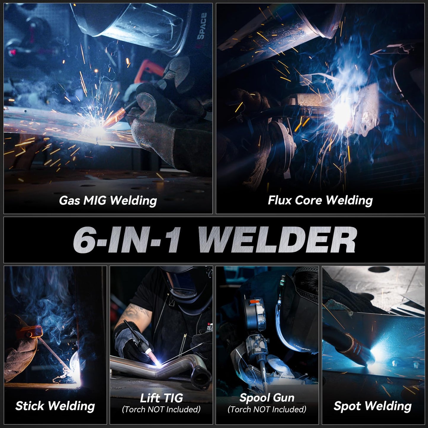 ARCCAPTAIN 180A MIG Welder 110V 220V, Large Dual Color LED Display 6-in-1 Gas MIG/Flux Core MIG/Stick/Lift TIG/Spot Welding/Spool Gun Aluminum Welding Machine with Synergy Control, 2T/4T