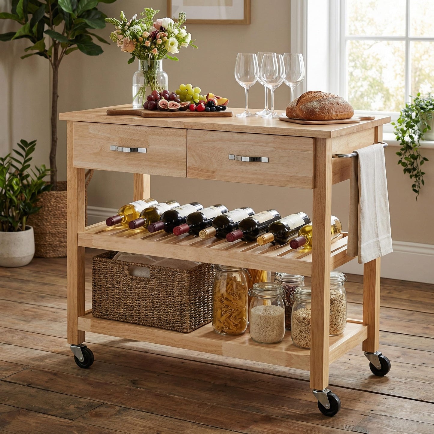 Casaphoria Amanda Collection Solid Wood Kitchen Island, 42" Butcher Block Cart with Rubberwood Top & Locable Wheels, Prep Table for Small Spaces (Natural)