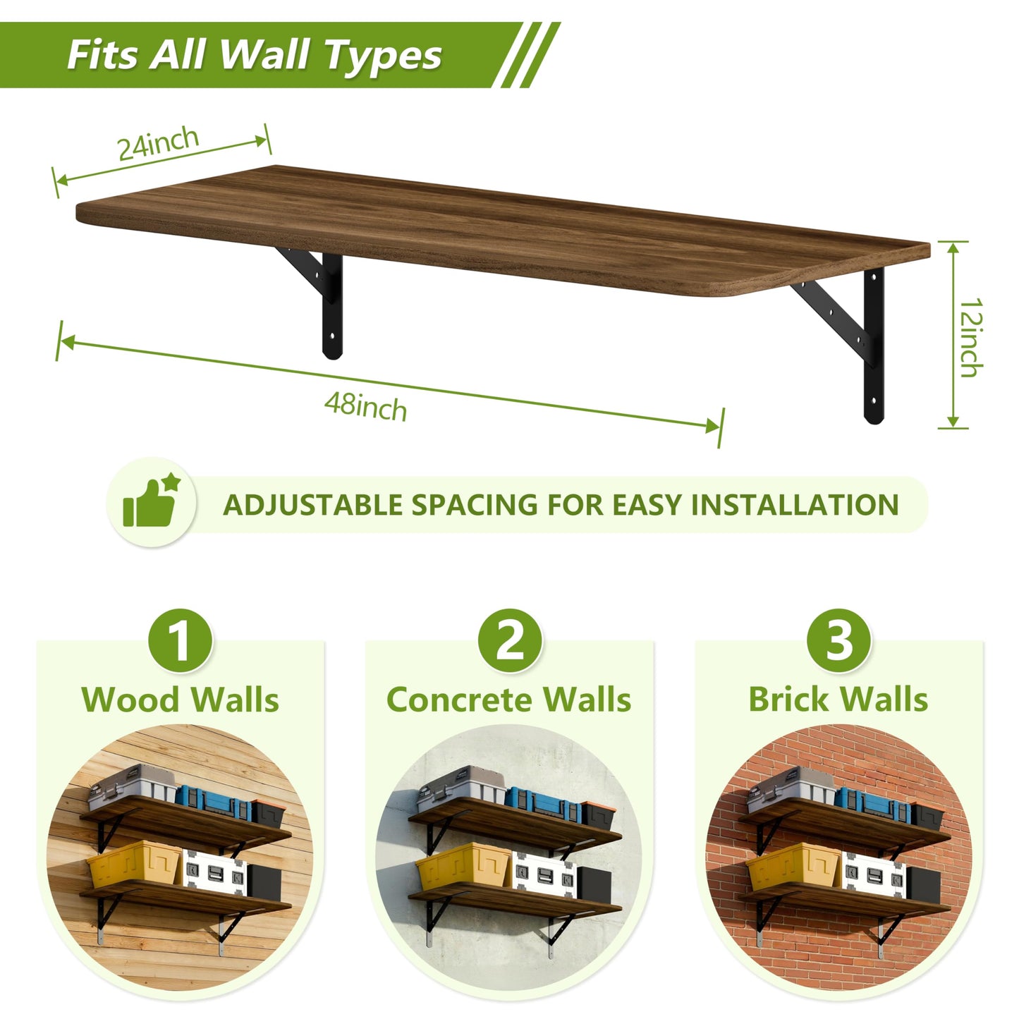 Dogsky 2-Pack Garage Storage Shelving Wall Mounted 48x24 Inches-Heavy Duty Floating Wall Shelf 500lbs Capacity with Engineered Wood - Utility Shelves for Garage, Closets, or Utility Rooms, Walnut