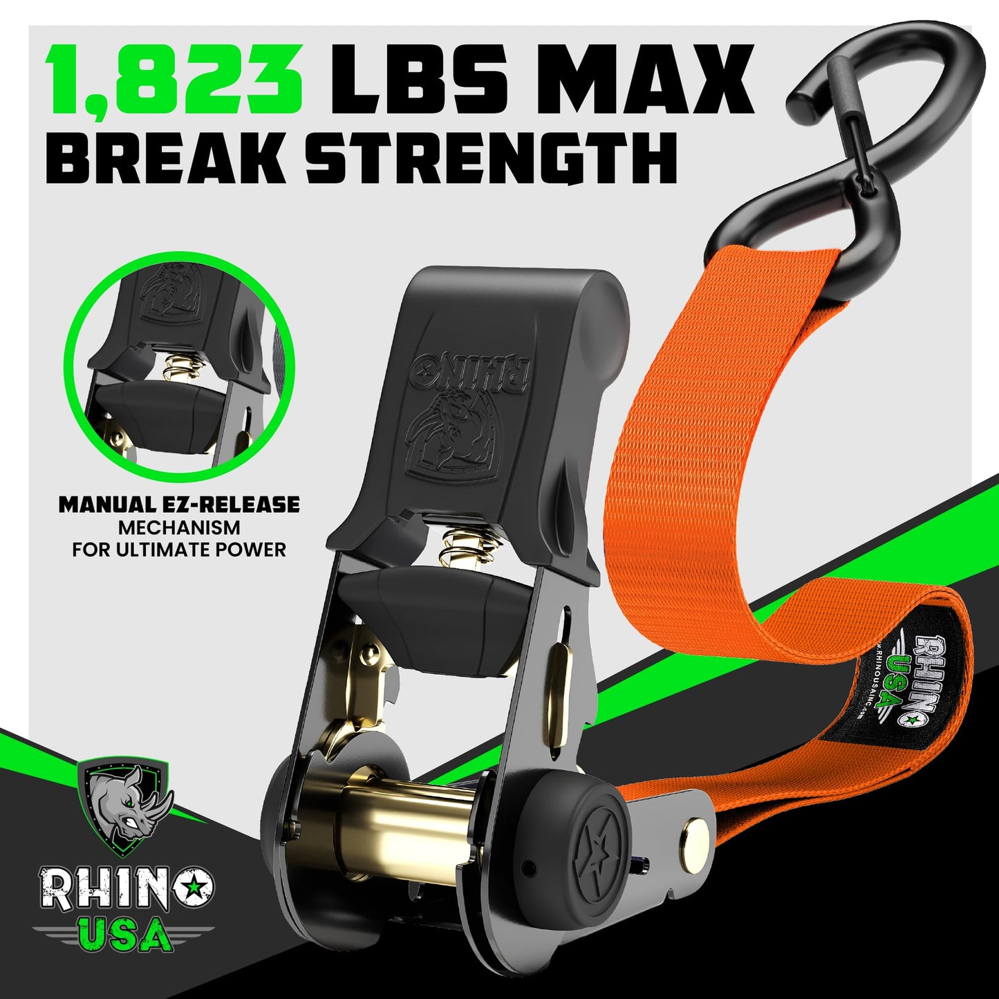 Rhino USA Ratchet Straps Tie Downs (4-Pack) - 1 Inch x 15 Feet (1,823lb Break Strength) - Ultimate Tie Down Straps with Safety S Hooks - for Trucks, Cargo, Moving, Appliances - Orange