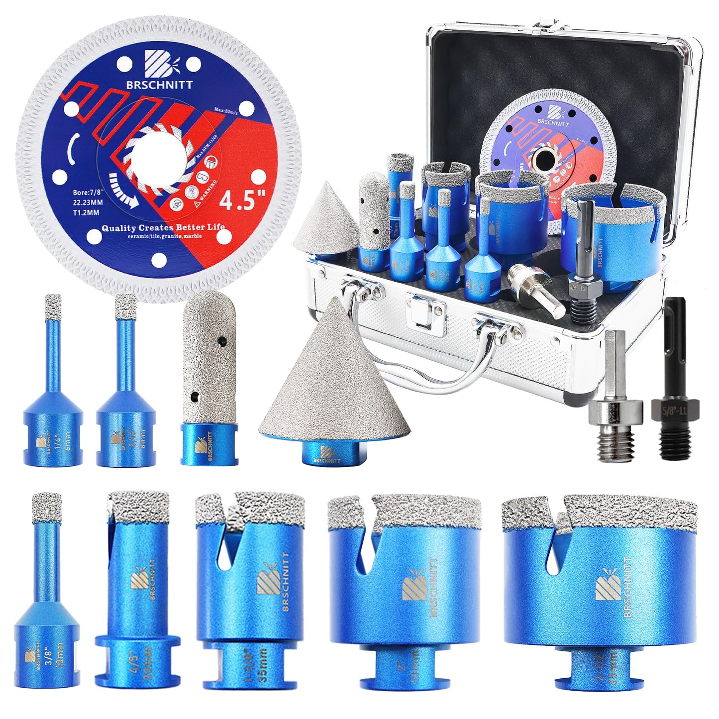 Diamond Core Drill Bit Set - BRSCHNITT Tile Hole Saw Kit 1/4" 5/16" 3/8" 4/5" 1-3/8"2" 2-1/2" & 4/5" Finger Bit & 2" Chamfer Bit for Porcelain Tile Ceramic Marble Granite & Diamond Blade