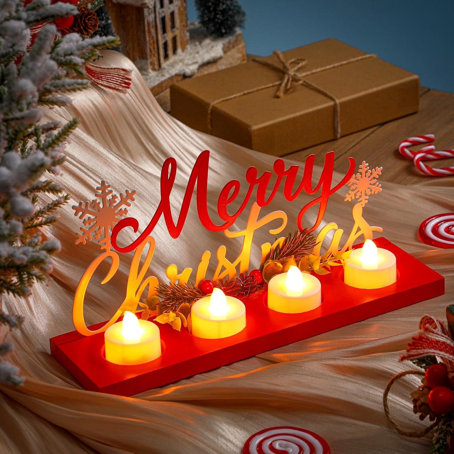 Rossesay Flameless Tea Light Candle Stand - Merry Christmas Table Centerpiece Decoration | Holiday Gift