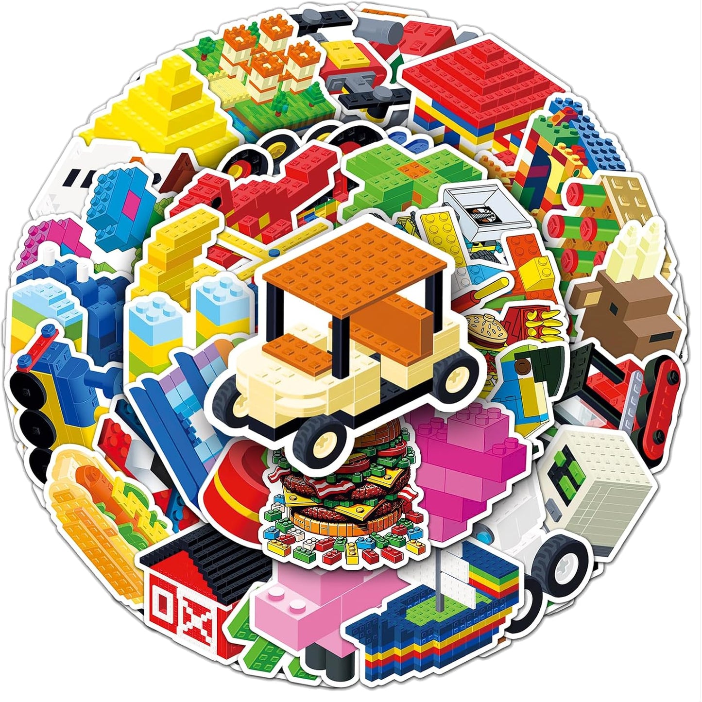 Dslalaly 51 PCS Reusable Cartoon Building Block Stickers - Waterproof Decals for Water Bottles, Laptops & Scrapbooking