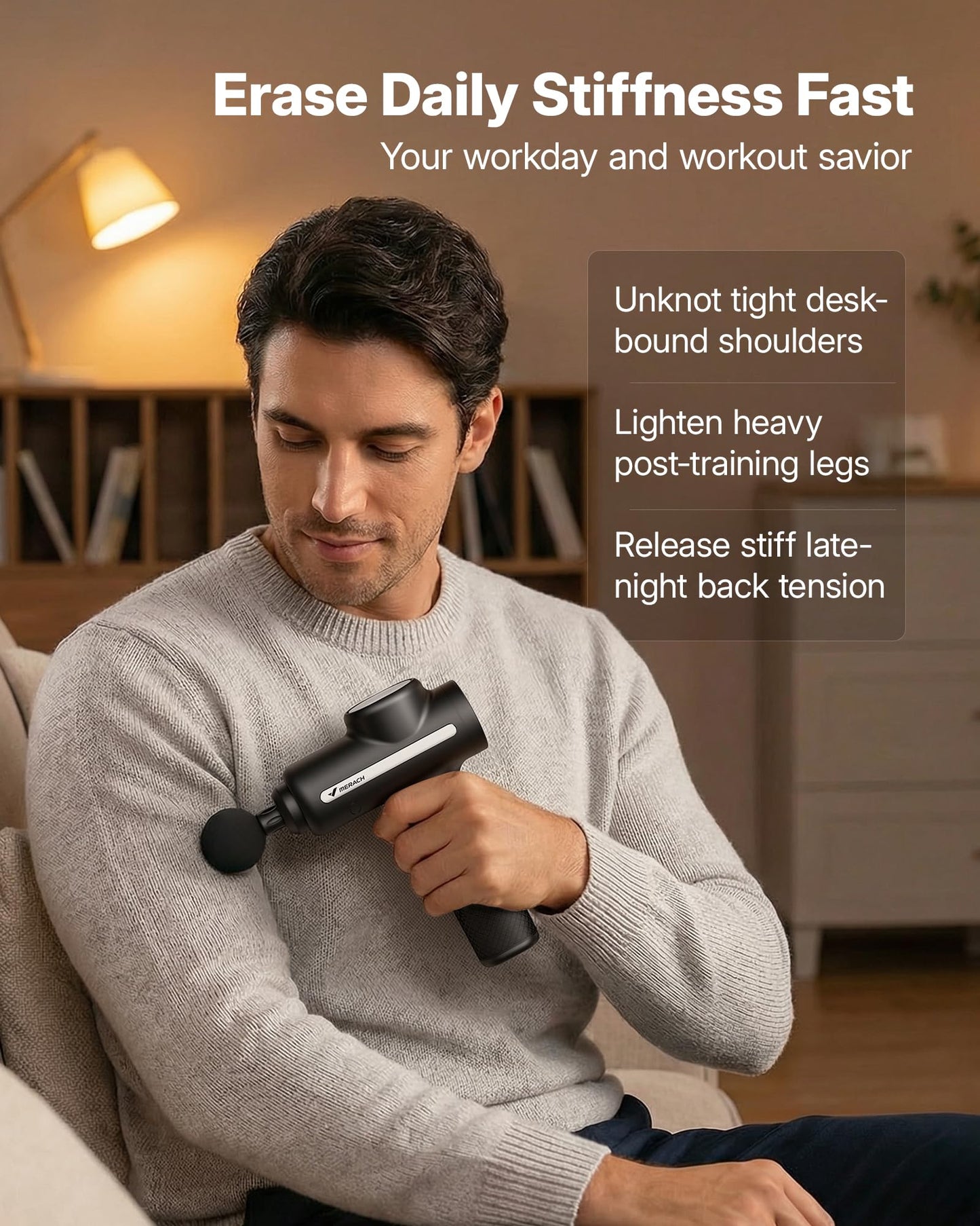 MERACH Pro-Grade Massage Gun, Quiet Massage Gun Deep Tissues, 12MM Percussion Massager Tools for Muscles Shoulders Legs Body Pain Relief, Handheld Massager with 6 Heads & 5 Speeds, Gift for Him