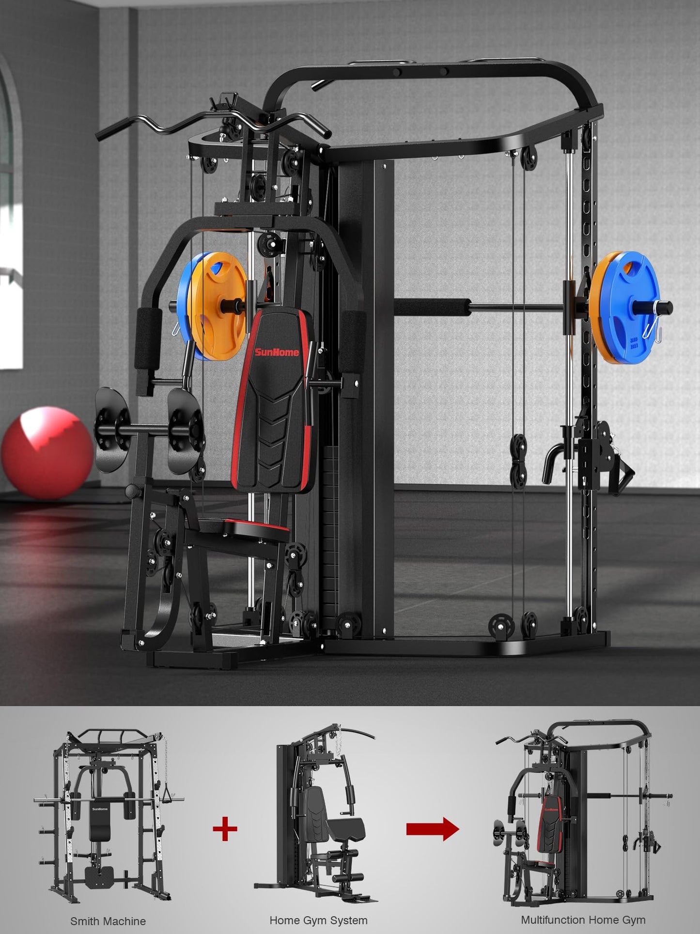 SunHome Multifunction Home Gym Equipment Workout Station, Smith Machine with 138LB Weight Stack and Bench, Leg Press, LAT Station for Full Body Training