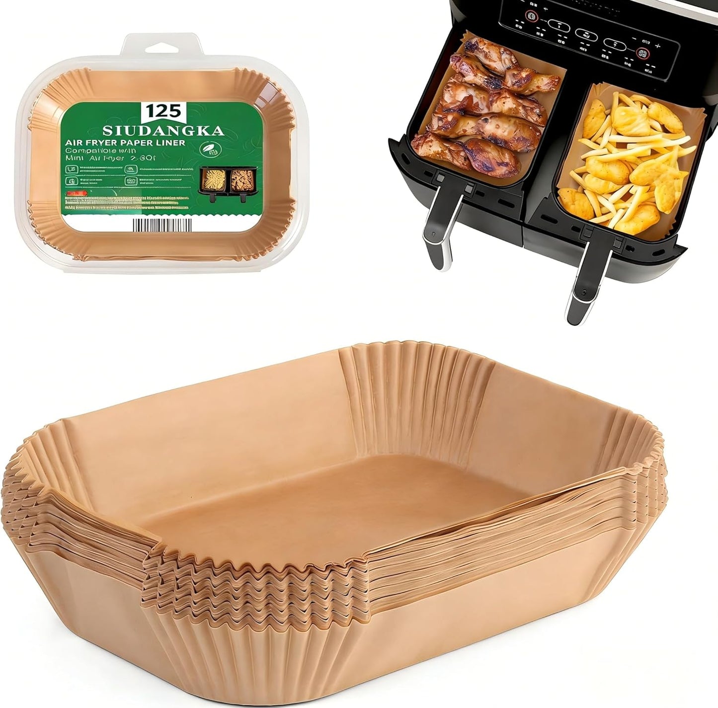 SIUDANGKA Disposable Air Fryer Liners - 125 Pcs Rectangle Parchment Paper Sheets for Ninja Fryers