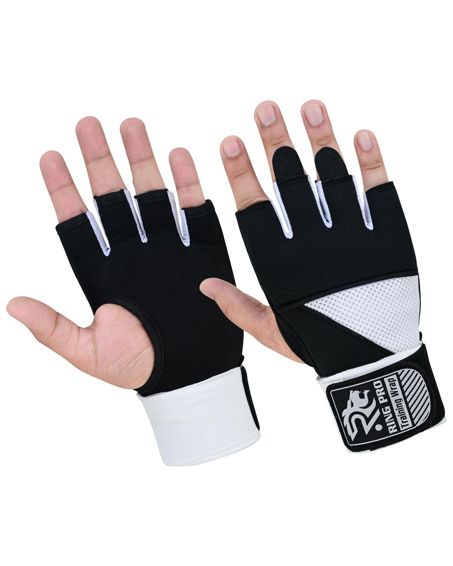 RING PRO Boxing Gel Hand Wraps Quick Inner Gloves with Wrist Support, Woven Elastic Training Wraps for Boxing, MMA, Muay Thai & Kickboxing, Men & Women (Black/White, X-Large)