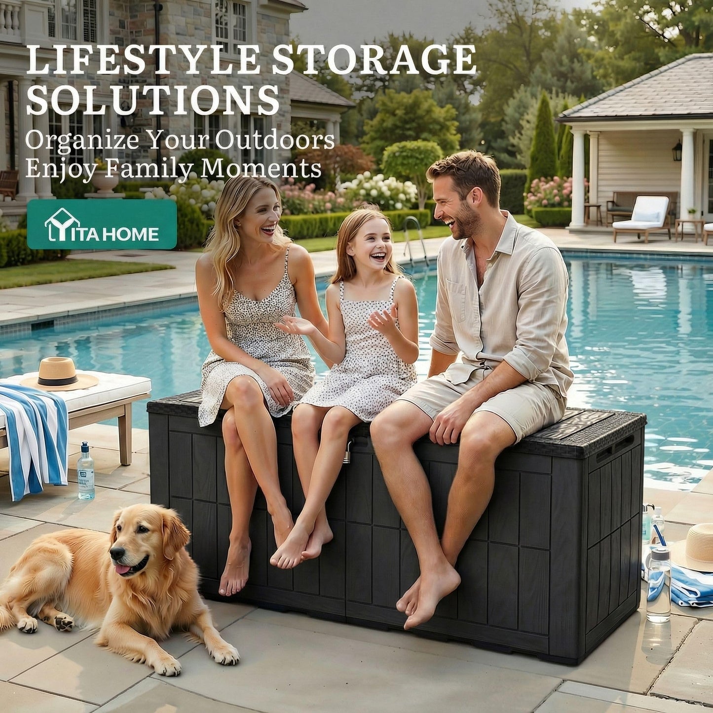 YITAHOME 134 Gallon Large Deck Box, Waterproof Resin Outdoor Storage Box with Lock, Doubles as 2-Person Bench Seating for Patio Furniture Cushions,Garden Tools & Pool Accessories, Black