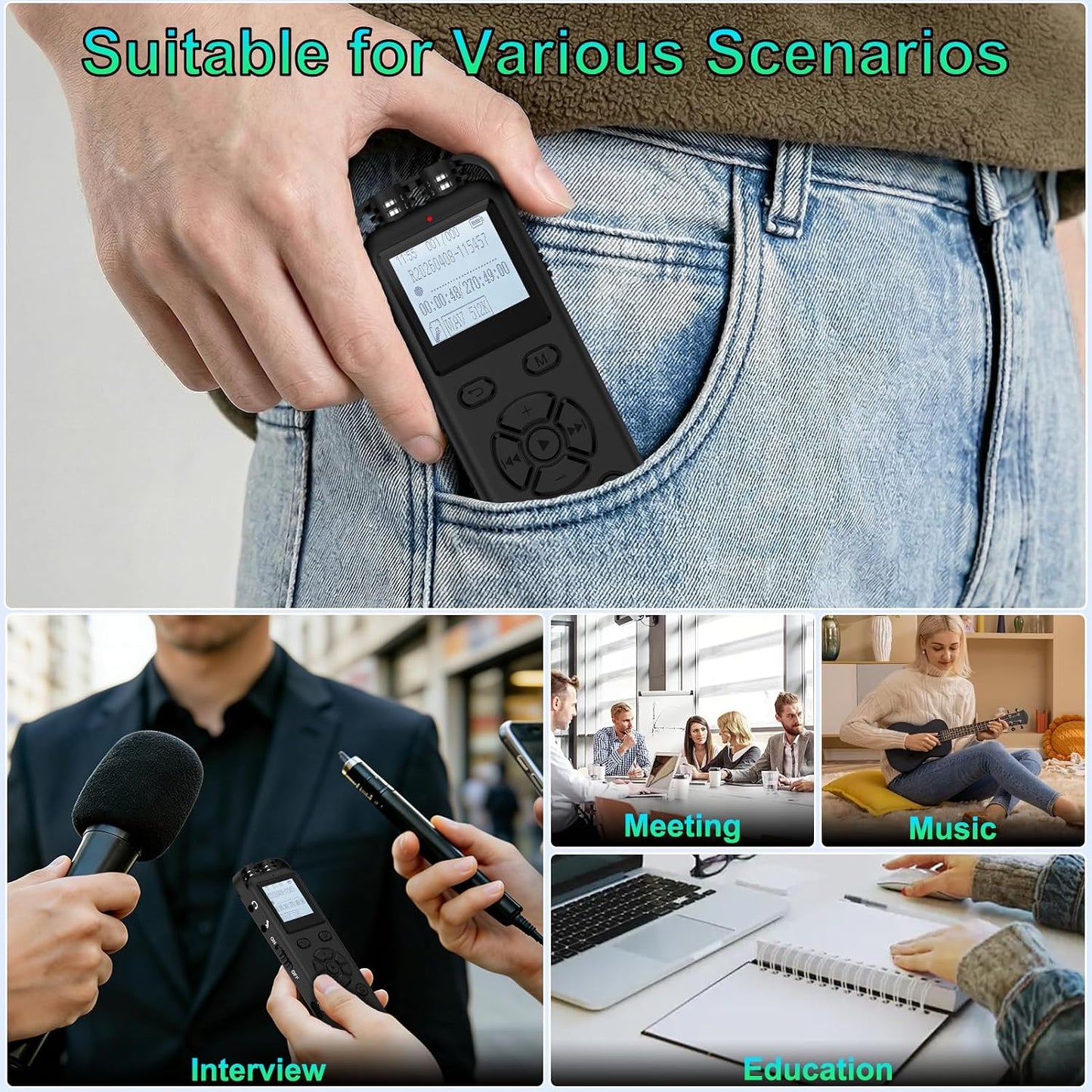 Cebkit 64GB Repeat,Mp3 Digital Voice Recorder with Playback,Audio Recording Device,Voice Activated Recorder with Noise