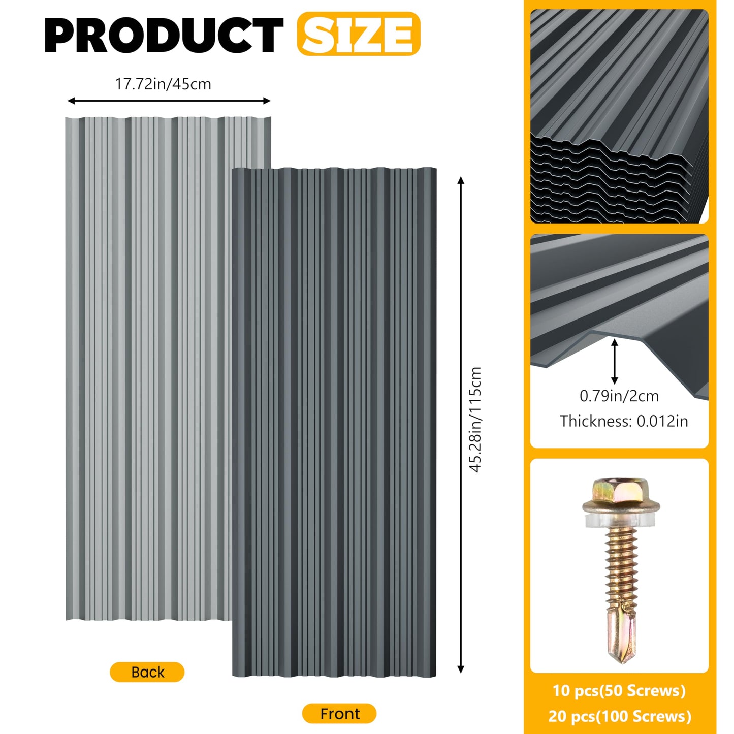 BOBIBAN 10 pcs Metal Roofing Panels - Corrugated Galvanized Roof Panels L45.28x W17.72 Inch, Waterproof Tin Roof Sheets for Garages,Sheds, Stables and Mobile Homes, Includes Screws(Grey,L45.28''-10)