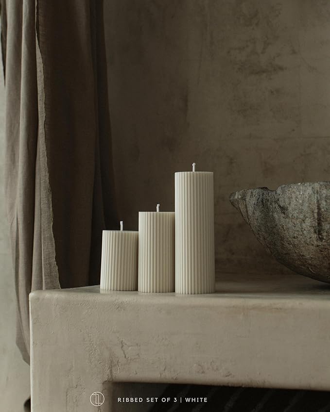 LAWA Roman Handmade Tall Ribbed Pillar Candle - Beautiful Scented Soy Wax Stripped Dinner Candle | Classic Aesthetic Decoration Set | Housewarming Gift | Home Room Shelf Decor Idea - White (Set of 3)