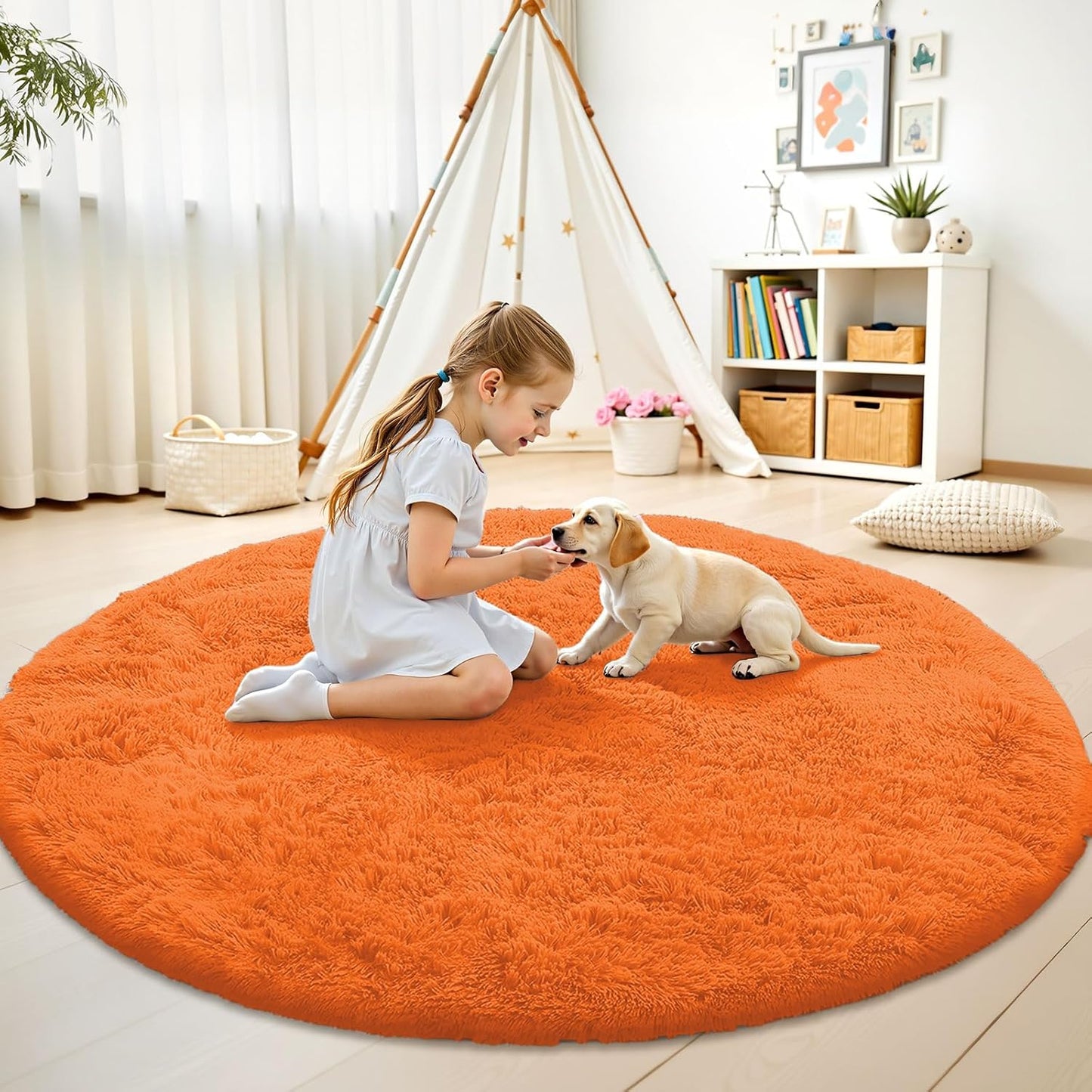 OLANLY Orange Round Rug - Soft & Fluffy 8 ft Circle Area Rug for Bedroom, Living Room & Nursery Decor